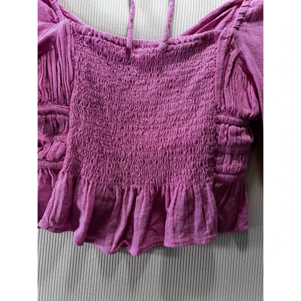 Free People Chloe Top Womens Size XS Pink Puff‎ Sleeve Coquette Smocked Milkmaid